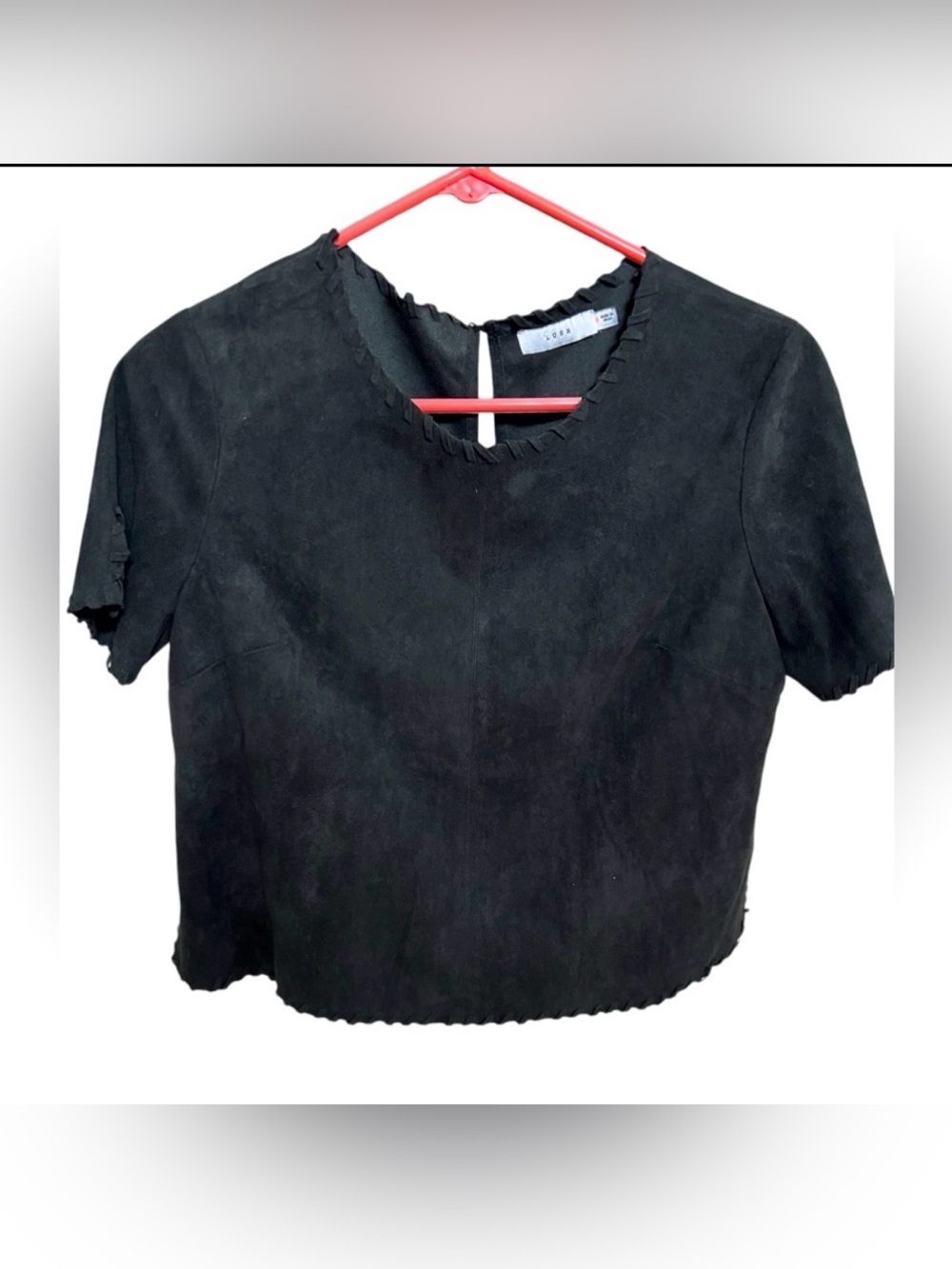 Lush Black Suede Short Sleeve Crop Loose Fit Top Interlaced Leather Trim S